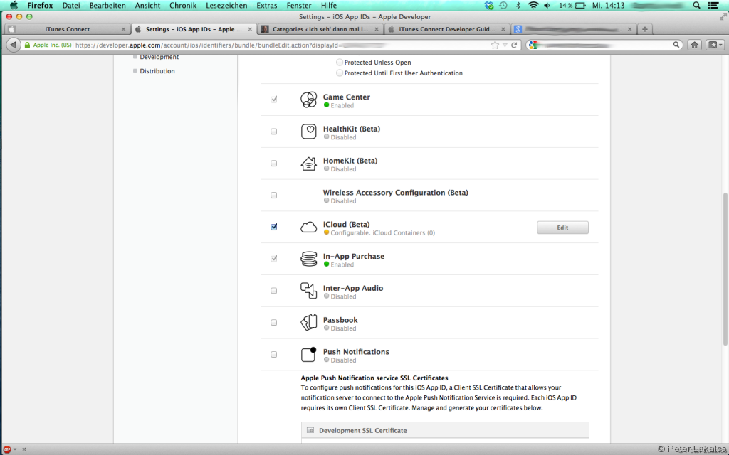 Developer -> App IDs -> iCloud Einstellungen